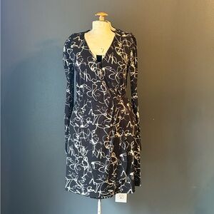 Nine West Black White Patterned V-Neck Long Sleeve Faux Wrap Dress Sz Small